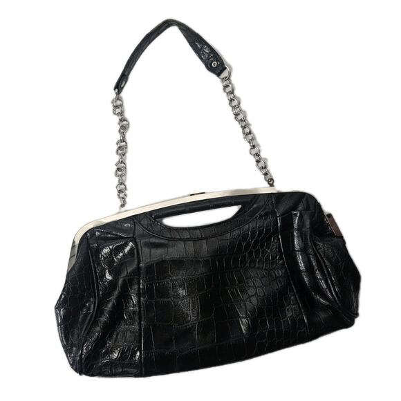 Aphorism Black Clutch Purse Faux Leather Crocodile Design Chain Strap - Picture 2 of 7